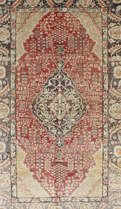 Antique Turkish Oushak Rug with Floral Medallion Design in Red and Charcoal Measures: 4'4 x 7'2 This antique Turkish Oushak carpet features a central medallion design, as well as patterns of smaller floral shapes and botanical elements ... - Keivan Woven ArtsNA - 54563 - 1066Rug