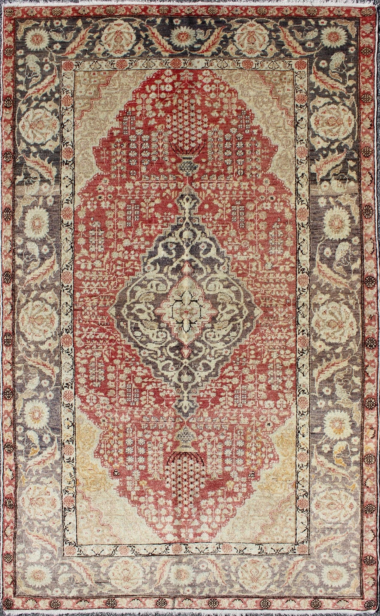 Antique Turkish Oushak Rug with Floral Medallion Design in Red and Charcoal Measures: 4'4 x 7'2 This antique Turkish Oushak carpet features a central medallion design, as well as patterns of smaller floral shapes and botanical elements ... - Keivan Woven ArtsNA - 54563 - 1066Rug