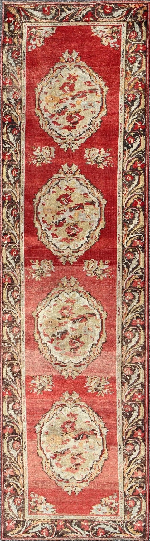 Antique Turkish Oushak Runner With European Design in Red, Brown and Green Measures: 3'4 x 13'0 Country of Origin: Turkey Type: Oushak Design: Medallion, All - Over Keivan Woven Arts; rug NA - 54573 Persian Rug, Authentic Persian Rug, Oushak ... - Keivan Woven ArtsNA - 54573 - 1891Rug