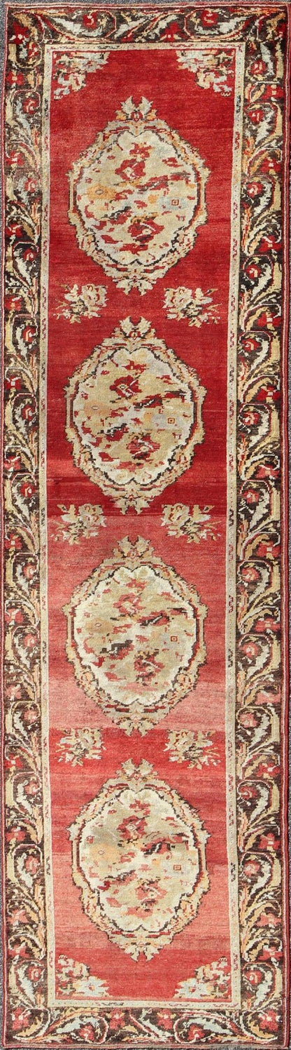 Antique Turkish Oushak Runner With European Design in Red, Brown and Green Measures: 3'4 x 13'0 Country of Origin: Turkey Type: Oushak Design: Medallion, All - Over Keivan Woven Arts; rug NA - 54573 Persian Rug, Authentic Persian Rug, Oushak ... - Keivan Woven ArtsNA - 54573 - 1891Rug