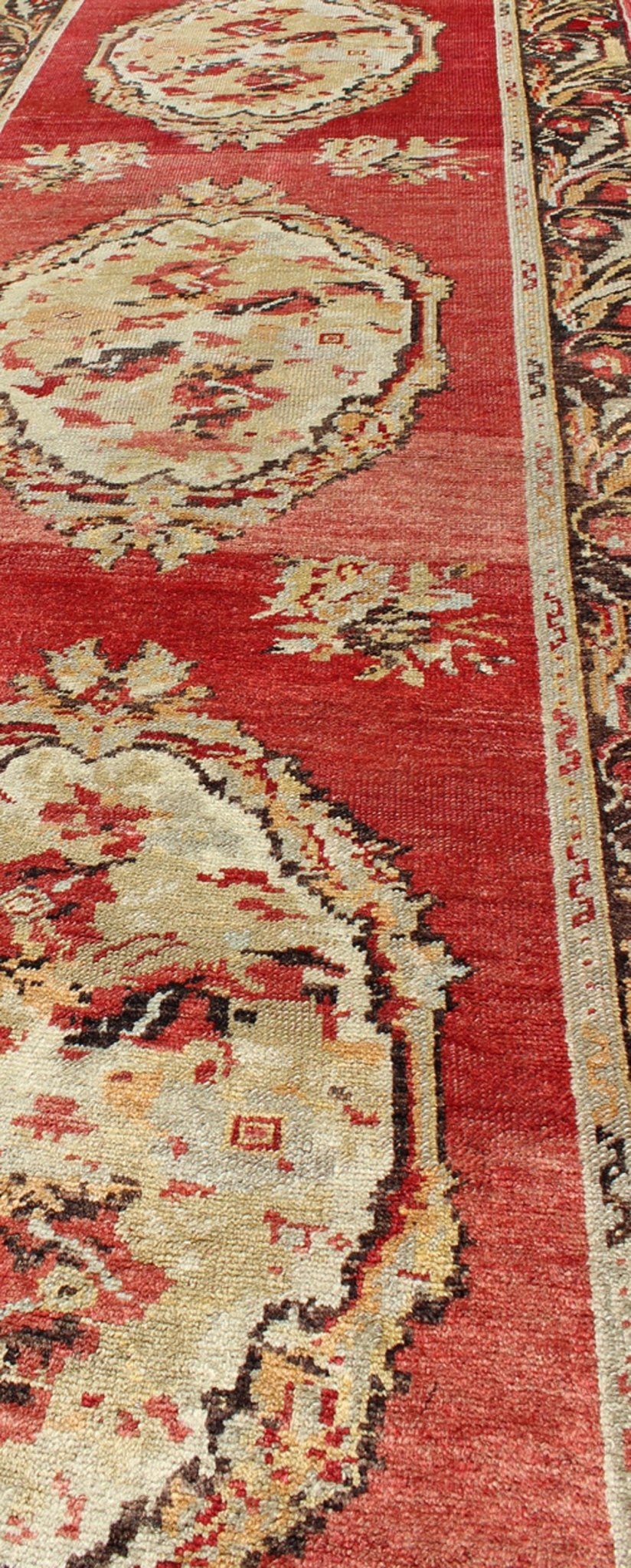 Antique Turkish Oushak Runner With European Design in Red, Brown and Green Measures: 3'4 x 13'0 Country of Origin: Turkey Type: Oushak Design: Medallion, All - Over Keivan Woven Arts; rug NA - 54573 Persian Rug, Authentic Persian Rug, Oushak ... - Keivan Woven ArtsNA - 54573 - 1891Rug