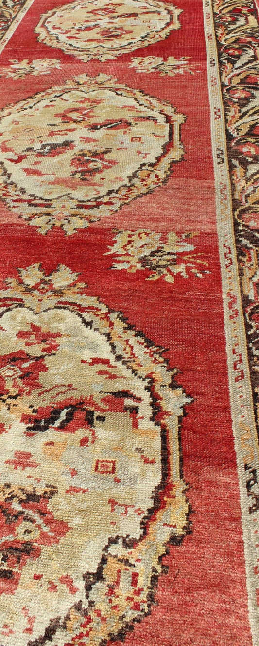 Antique Turkish Oushak Runner With European Design in Red, Brown and Green Measures: 3'4 x 13'0 Country of Origin: Turkey Type: Oushak Design: Medallion, All - Over Keivan Woven Arts; rug NA - 54573 Persian Rug, Authentic Persian Rug, Oushak ... - Keivan Woven ArtsNA - 54573 - 1891Rug