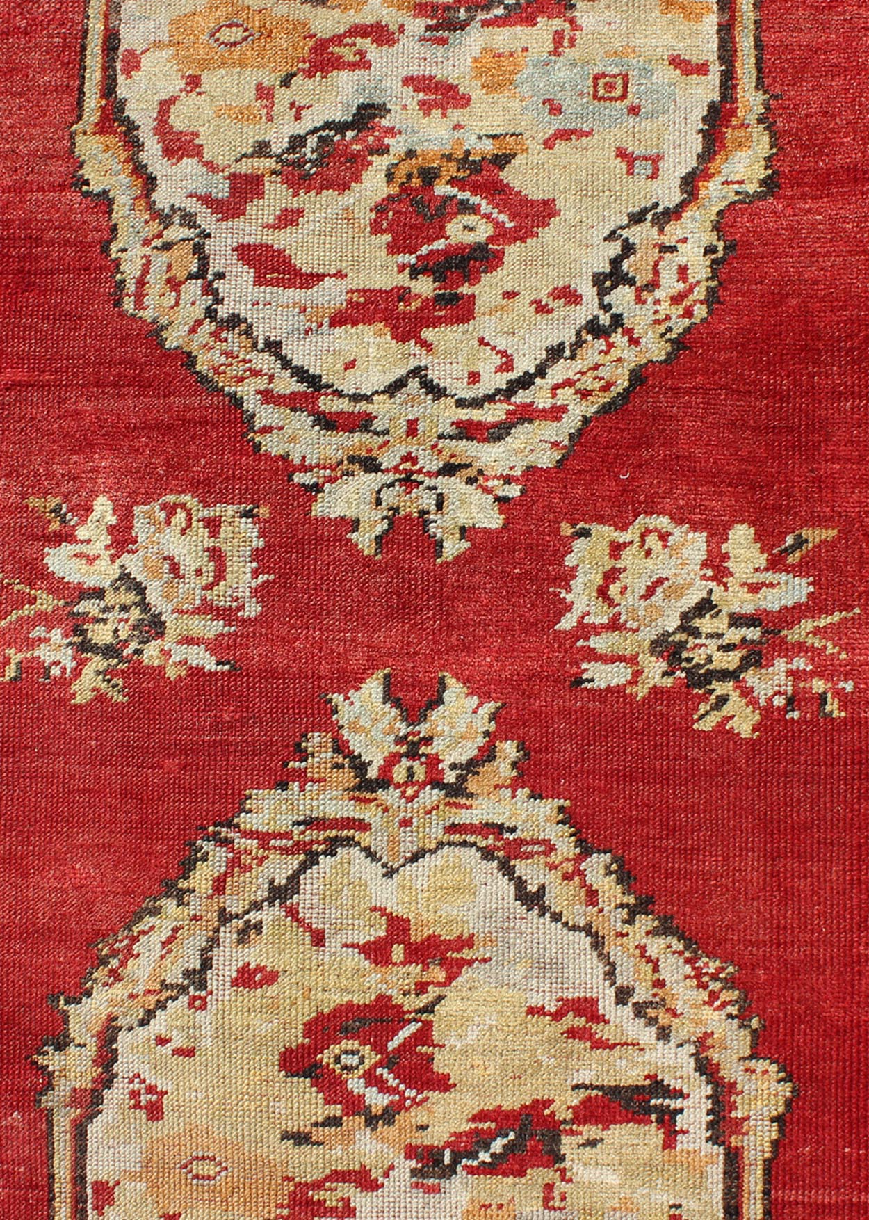 Antique Turkish Oushak Runner With European Design in Red, Brown and Green Measures: 3'4 x 13'0 Country of Origin: Turkey Type: Oushak Design: Medallion, All - Over Keivan Woven Arts; rug NA - 54573 Persian Rug, Authentic Persian Rug, Oushak ... - Keivan Woven ArtsNA - 54573 - 1891Rug
