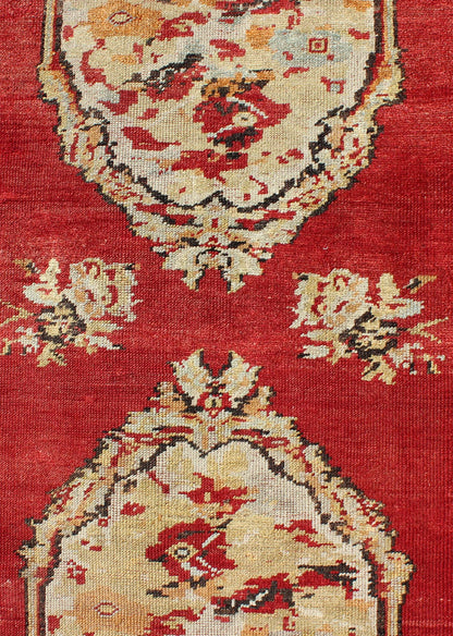 Antique Turkish Oushak Runner With European Design in Red, Brown and Green Measures: 3'4 x 13'0 Country of Origin: Turkey Type: Oushak Design: Medallion, All - Over Keivan Woven Arts; rug NA - 54573 Persian Rug, Authentic Persian Rug, Oushak ... - Keivan Woven ArtsNA - 54573 - 1891Rug