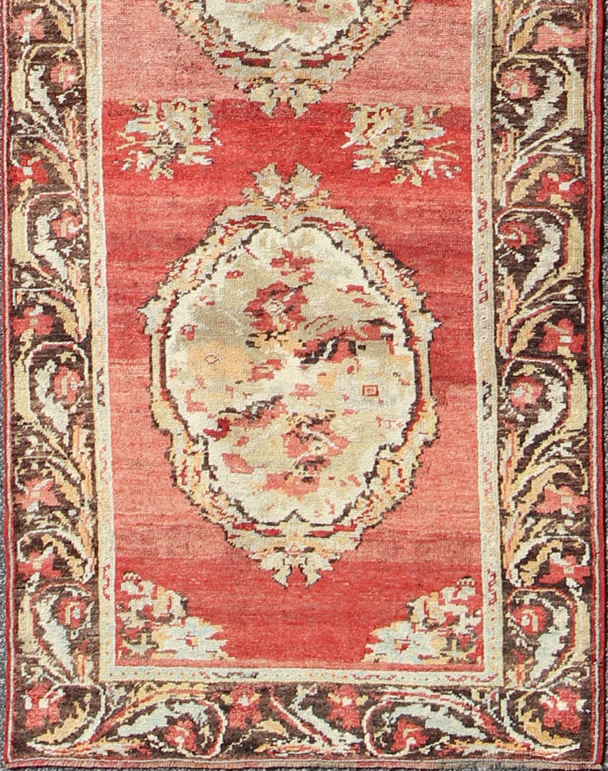 Antique Turkish Oushak Runner With European Design in Red, Brown and Green Measures: 3'4 x 13'0 Country of Origin: Turkey Type: Oushak Design: Medallion, All - Over Keivan Woven Arts; rug NA - 54573 Persian Rug, Authentic Persian Rug, Oushak ... - Keivan Woven ArtsNA - 54573 - 1891Rug