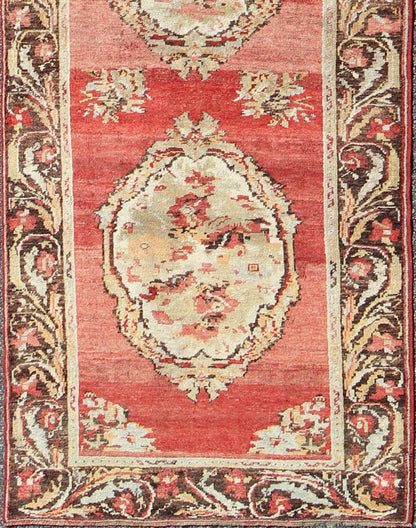Antique Turkish Oushak Runner With European Design in Red, Brown and Green Measures: 3'4 x 13'0 Country of Origin: Turkey Type: Oushak Design: Medallion, All - Over Keivan Woven Arts; rug NA - 54573 Persian Rug, Authentic Persian Rug, Oushak ... - Keivan Woven ArtsNA - 54573 - 1891Rug
