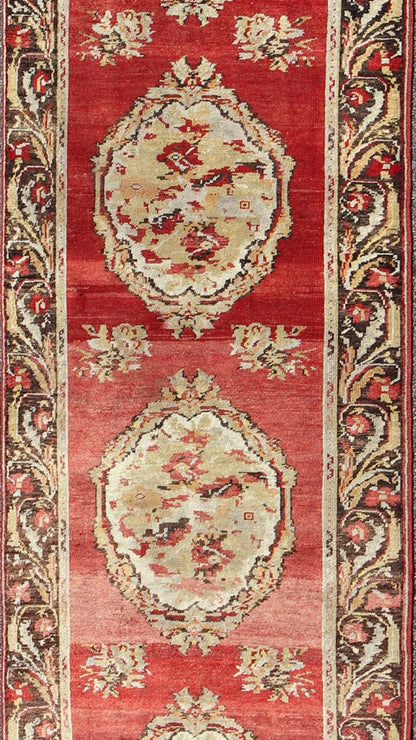 Antique Turkish Oushak Runner With European Design in Red, Brown and Green Measures: 3'4 x 13'0 Country of Origin: Turkey Type: Oushak Design: Medallion, All - Over Keivan Woven Arts; rug NA - 54573 Persian Rug, Authentic Persian Rug, Oushak ... - Keivan Woven ArtsNA - 54573 - 1891Rug
