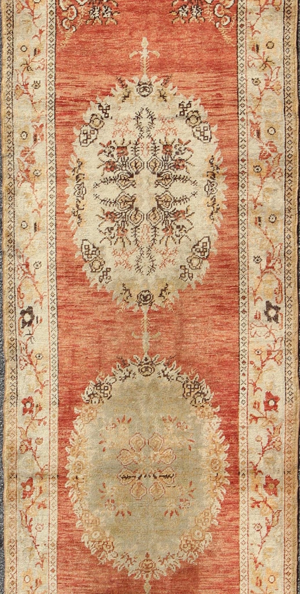 Vintage Turkish Oushak Runner with Floral Medallions in Red, Olive Green & Cream, rug na - 54617, country of origin / type: Turkey / Oushak, circa mid - 20th century This beautiful vintage Oushak runner from mid - 20th Century Turkey features a Classi... - Keivan Woven ArtsNA - 54617 - 1486Rug