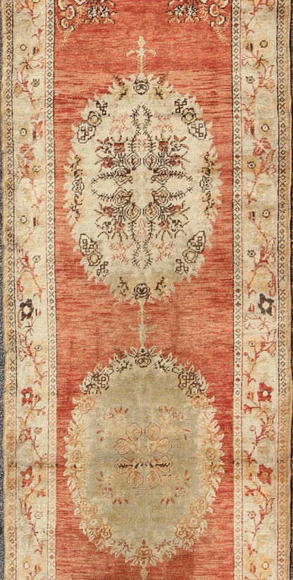 Vintage Turkish Oushak Runner with Floral Medallions in Red, Olive Green & Cream, rug na - 54617, country of origin / type: Turkey / Oushak, circa mid - 20th century This beautiful vintage Oushak runner from mid - 20th Century Turkey features a Classi... - Keivan Woven ArtsNA - 54617 - 1486Rug