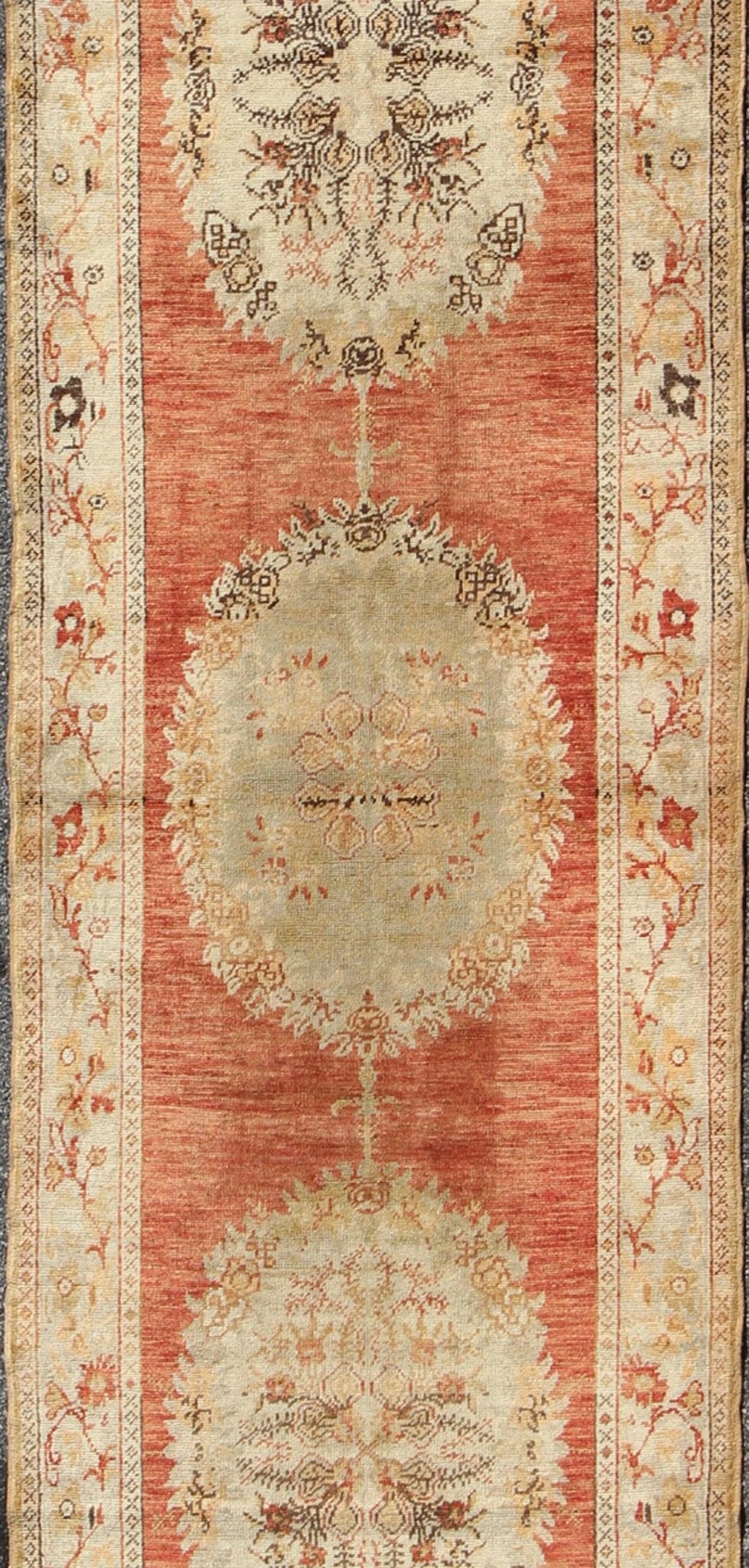 Vintage Turkish Oushak Runner with Floral Medallions in Red, Olive Green & Cream, rug na - 54617, country of origin / type: Turkey / Oushak, circa mid - 20th century This beautiful vintage Oushak runner from mid - 20th Century Turkey features a Classi... - Keivan Woven ArtsNA - 54617 - 1486Rug