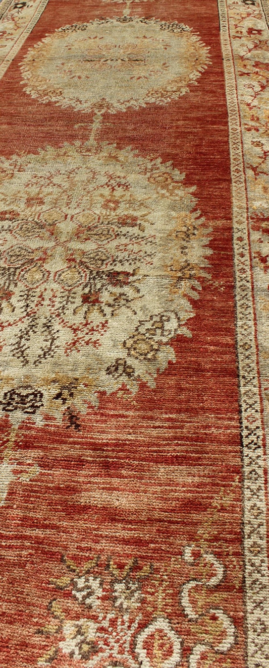 Vintage Turkish Oushak Runner with Floral Medallions in Red, Olive Green & Cream, rug na - 54617, country of origin / type: Turkey / Oushak, circa mid - 20th century This beautiful vintage Oushak runner from mid - 20th Century Turkey features a Classi... - Keivan Woven ArtsNA - 54617 - 1486Rug