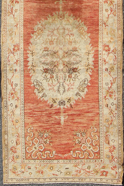 Vintage Turkish Oushak Runner with Floral Medallions in Red, Olive Green & Cream, rug na - 54617, country of origin / type: Turkey / Oushak, circa mid - 20th century This beautiful vintage Oushak runner from mid - 20th Century Turkey features a Classi... - Keivan Woven ArtsNA - 54617 - 1486Rug