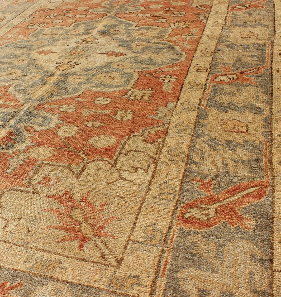 Vintage Turkish Oushak Rug with Floral Motifs in Soft Orange, Gray & Butter. Vintage Turkish Oushak rug with stylized floral motifs in light orange, gray and butter cream, rug NA - 54667, country of origin / type: Turkey / Oushak, circa 1930's ... - Keivan Woven ArtsNA - 54667 - 1592Rug