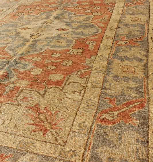 Vintage Turkish Oushak Rug with Floral Motifs in Soft Orange, Gray & Butter. Vintage Turkish Oushak rug with stylized floral motifs in light orange, gray and butter cream, rug NA - 54667, country of origin / type: Turkey / Oushak, circa 1930's ... - Keivan Woven ArtsNA - 54667 - 1592Rug