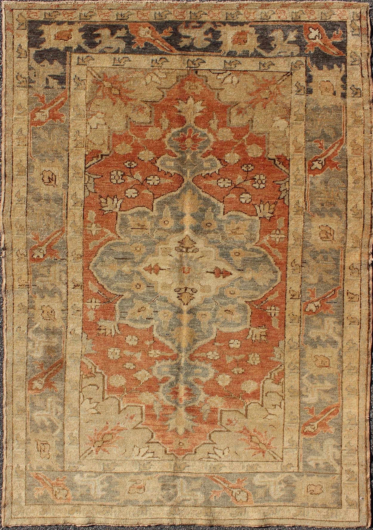 Vintage Turkish Oushak Rug with Floral Motifs in Soft Orange, Gray & Butter. Vintage Turkish Oushak rug with stylized floral motifs in light orange, gray and butter cream, rug NA - 54667, country of origin / type: Turkey / Oushak, circa 1930's ... - Keivan Woven ArtsNA - 54667 - 1592Rug