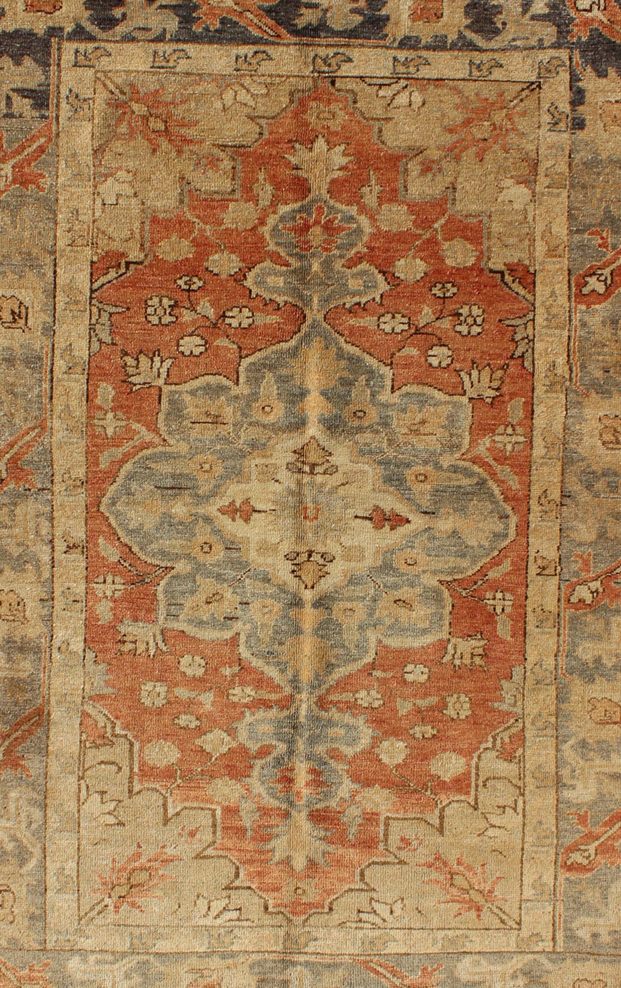 Vintage Turkish Oushak Rug with Floral Motifs in Soft Orange, Gray & Butter. Vintage Turkish Oushak rug with stylized floral motifs in light orange, gray and butter cream, rug NA - 54667, country of origin / type: Turkey / Oushak, circa 1930's ... - Keivan Woven ArtsNA - 54667 - 1592Rug