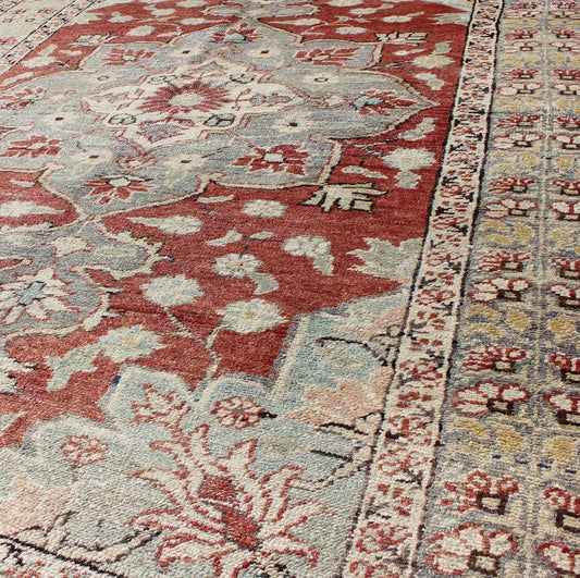 Vintage Turkish Sivas Fine Rug in Red, Light Blue, Gray & light yellow green. vintage Turkish Sivas rug with floral medallion in red, Light Blue and Gray with yellow green border , rug na - 54734, country of origin / type: Turkey / Sivas, circa mid - 2... - Keivan Woven ArtsNA - 54734 - 1596Rug