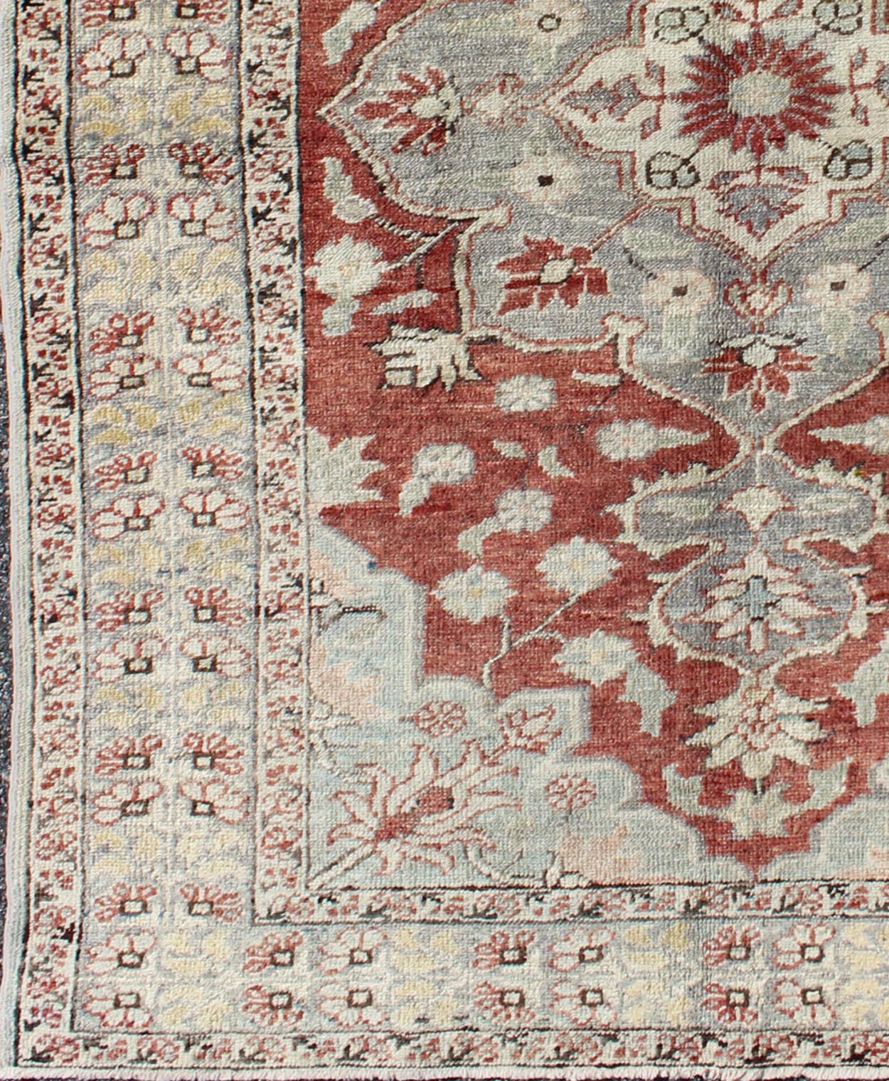Vintage Turkish Sivas Fine Rug in Red, Light Blue, Gray & light yellow green. vintage Turkish Sivas rug with floral medallion in red, Light Blue and Gray with yellow green border , rug na - 54734, country of origin / type: Turkey / Sivas, circa mid - 2... - Keivan Woven ArtsNA - 54734 - 1596Rug