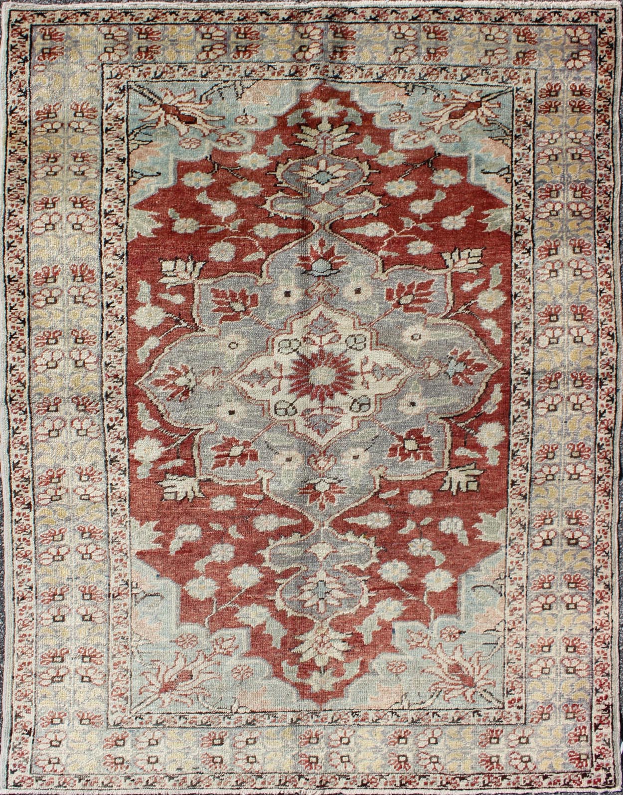 Vintage Turkish Sivas Fine Rug in Red, Light Blue, Gray & light yellow green. vintage Turkish Sivas rug with floral medallion in red, Light Blue and Gray with yellow green border , rug na - 54734, country of origin / type: Turkey / Sivas, circa mid - 2... - Keivan Woven ArtsNA - 54734 - 1596Rug