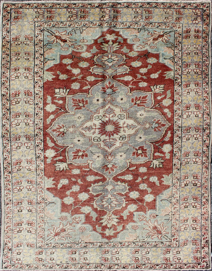 Vintage Turkish Sivas Fine Rug in Red, Light Blue, Gray & light yellow green. vintage Turkish Sivas rug with floral medallion in red, Light Blue and Gray with yellow green border , rug na - 54734, country of origin / type: Turkey / Sivas, circa mid - 2... - Keivan Woven ArtsNA - 54734 - 1596Rug