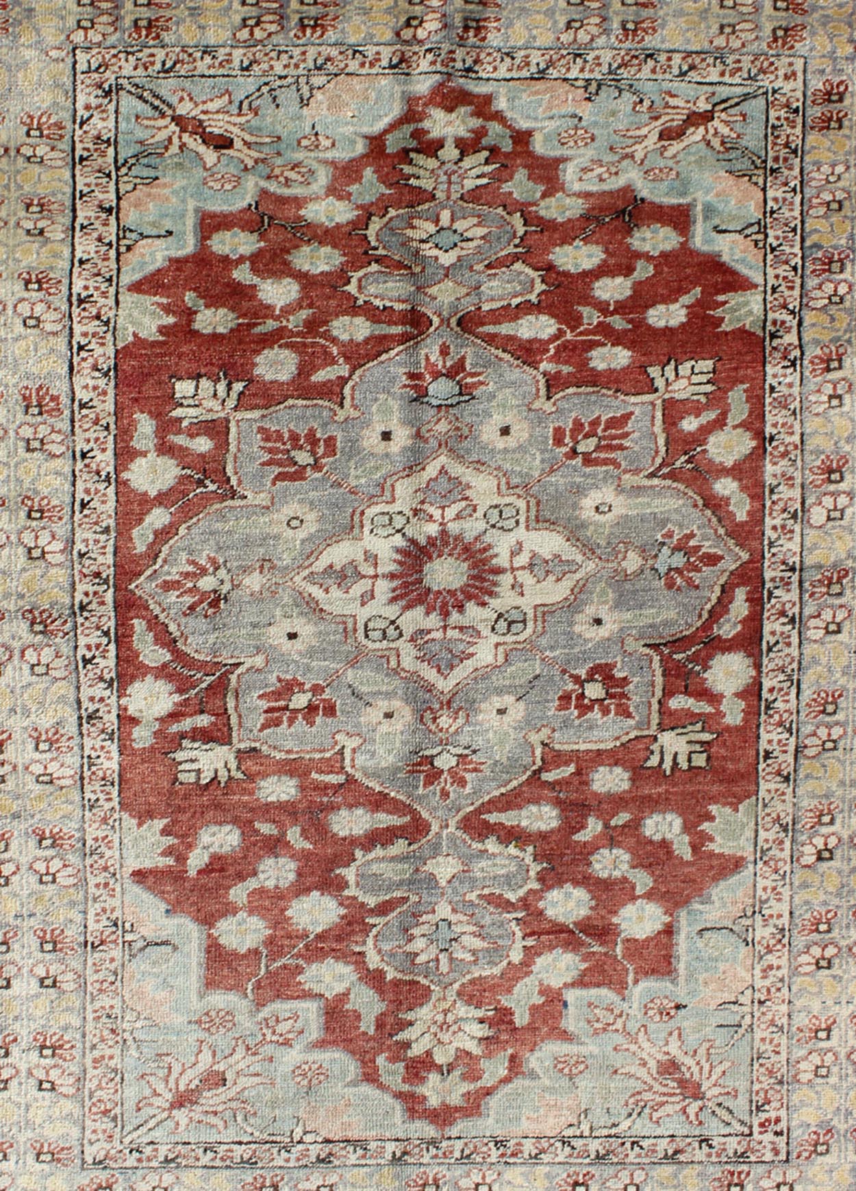 Vintage Turkish Sivas Fine Rug in Red, Light Blue, Gray & light yellow green. vintage Turkish Sivas rug with floral medallion in red, Light Blue and Gray with yellow green border , rug na - 54734, country of origin / type: Turkey / Sivas, circa mid - 2... - Keivan Woven ArtsNA - 54734 - 1596Rug