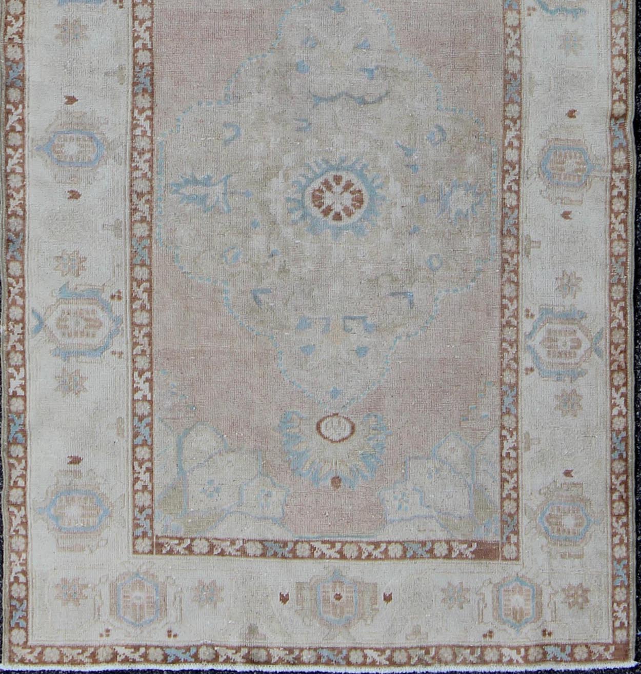 Pale pink, teal and ivory vintage Turkish Oushak runner with three medallions, rug na - 63085, country of origin / type: Turkey / Oushak, circa 1930 This beautiful vintage Oushak runner from early 20th century Turkey features a classic Oushak desi... - Keivan Woven ArtsNA - 63085 - 1428Rug
