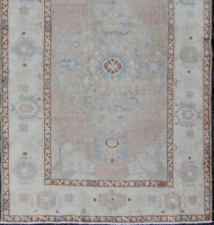Pale pink, teal and ivory vintage Turkish Oushak runner with three medallions, rug na - 63085, country of origin / type: Turkey / Oushak, circa 1930 This beautiful vintage Oushak runner from early 20th century Turkey features a classic Oushak desi... - Keivan Woven ArtsNA - 63085 - 1428Rug
