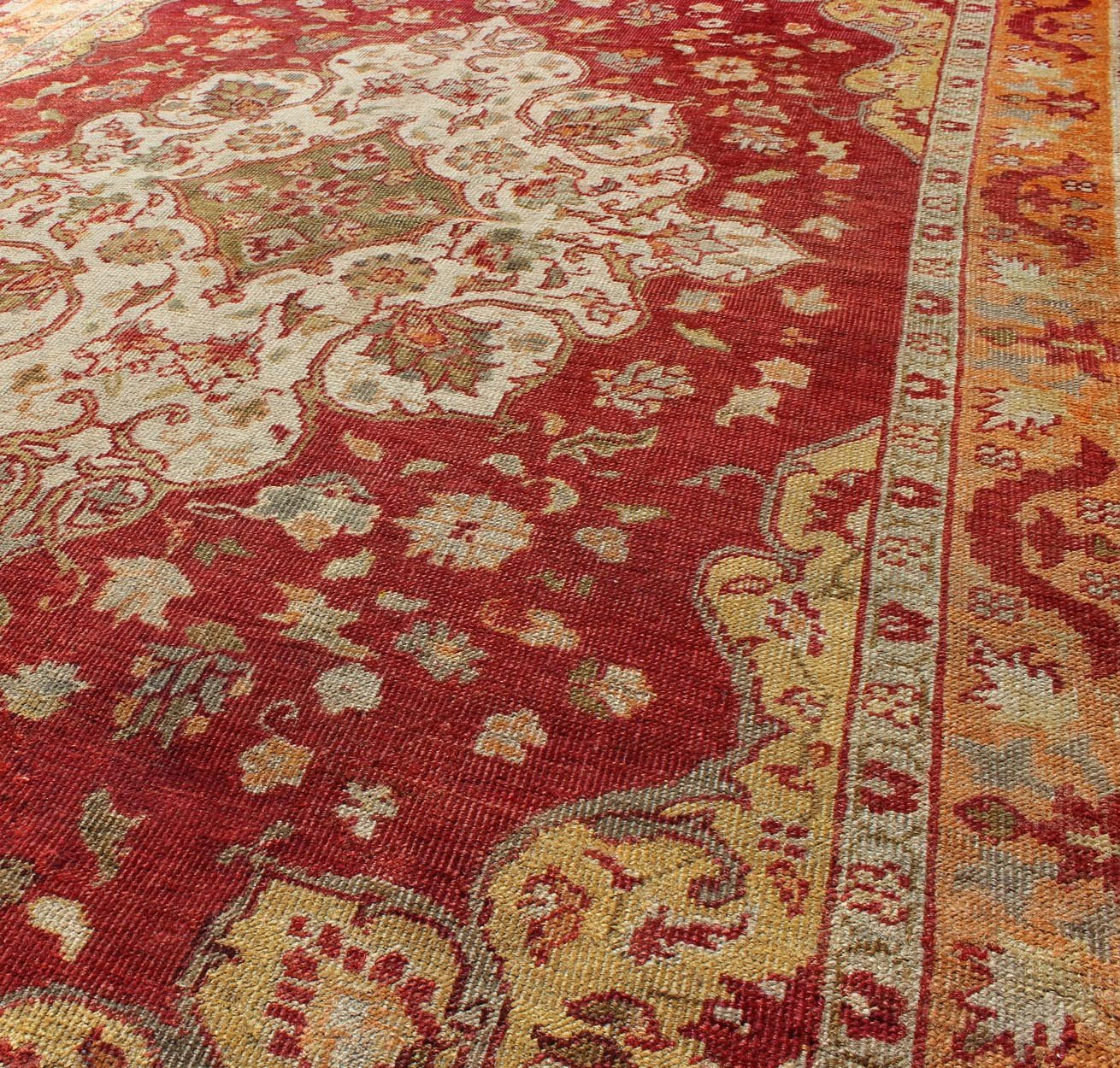 Early 20th Century Antique Turkish Oushak Rug with Floral Medallion and Cornices, rug na - 63420, country of origin / type: Turkey / Oushak, circa 1920 This antique Turkish Oushak carpet (circa 1920) features a central medallion design, as well as... - Keivan Woven ArtsNA - 63420 - 1032Rug