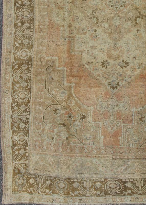 Vintage Turkish Oushak Rug With Ornate Medallion and Cornices in Light Orange & Brown. Vintage Turkish Oushak rug na - 63765, country of origin / type: Turkey / Oushak, circa mid - 20th century This vintage Turkish Oushak carpet (circa mid - 20th cent... - Keivan Woven ArtsNA - 63765 - 938Rug