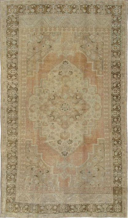 Vintage Turkish Oushak Rug With Ornate Medallion and Cornices in Light Orange & Brown. Vintage Turkish Oushak rug na - 63765, country of origin / type: Turkey / Oushak, circa mid - 20th century This vintage Turkish Oushak carpet (circa mid - 20th cent... - Keivan Woven ArtsNA - 63765 - 938Rug