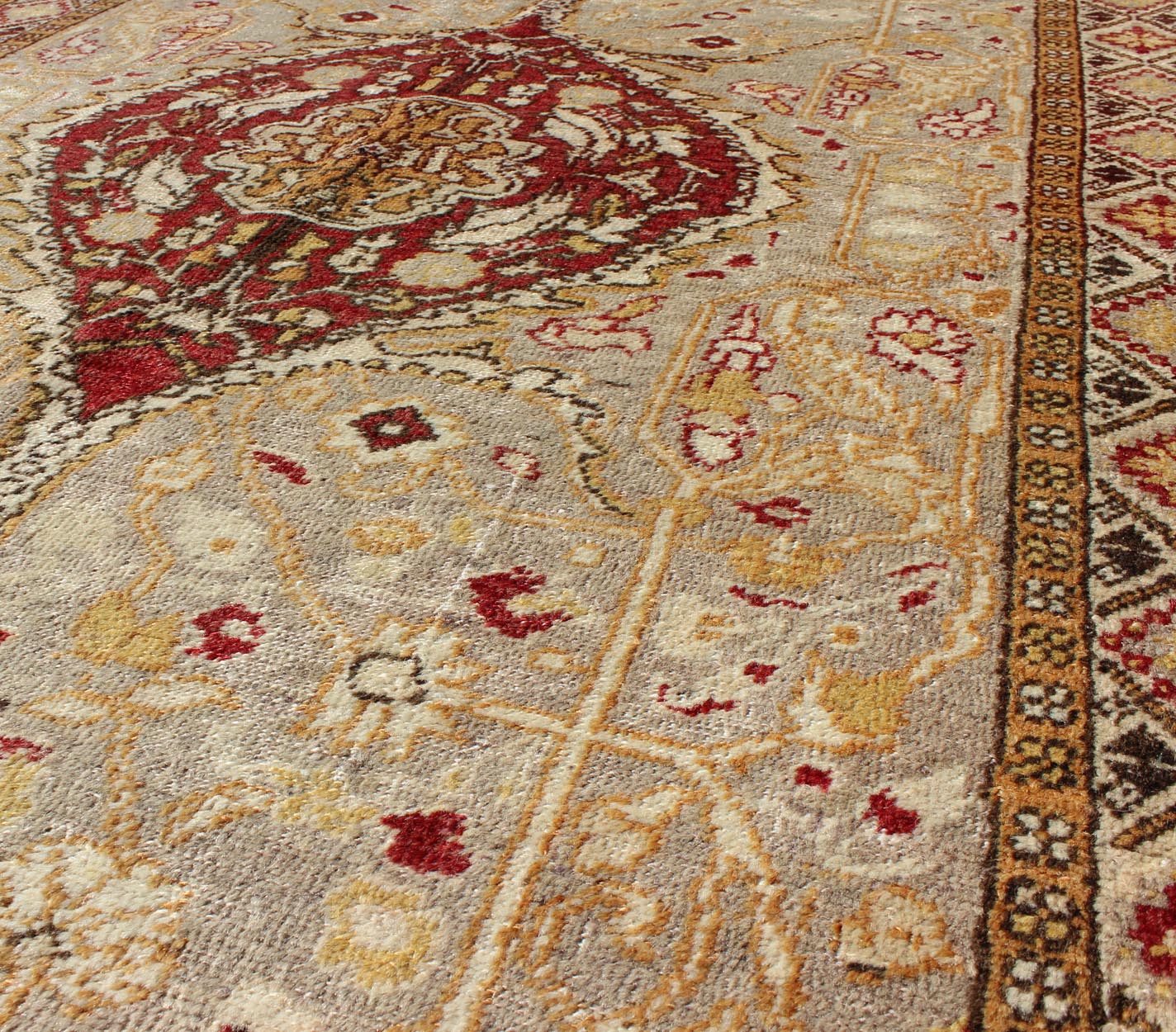 Vintage Turkish Medallion Oushak Area Rug in Red, Taupe, Gold, and Cocoa Measures: 4 x 6'8 This vintage Turkish Oushak carpet (circa mid - 20th century) features a central medallion design, as well as patterns of smaller floral shapes and b... - Keivan Woven ArtsNA - 63769 - 2131Rug