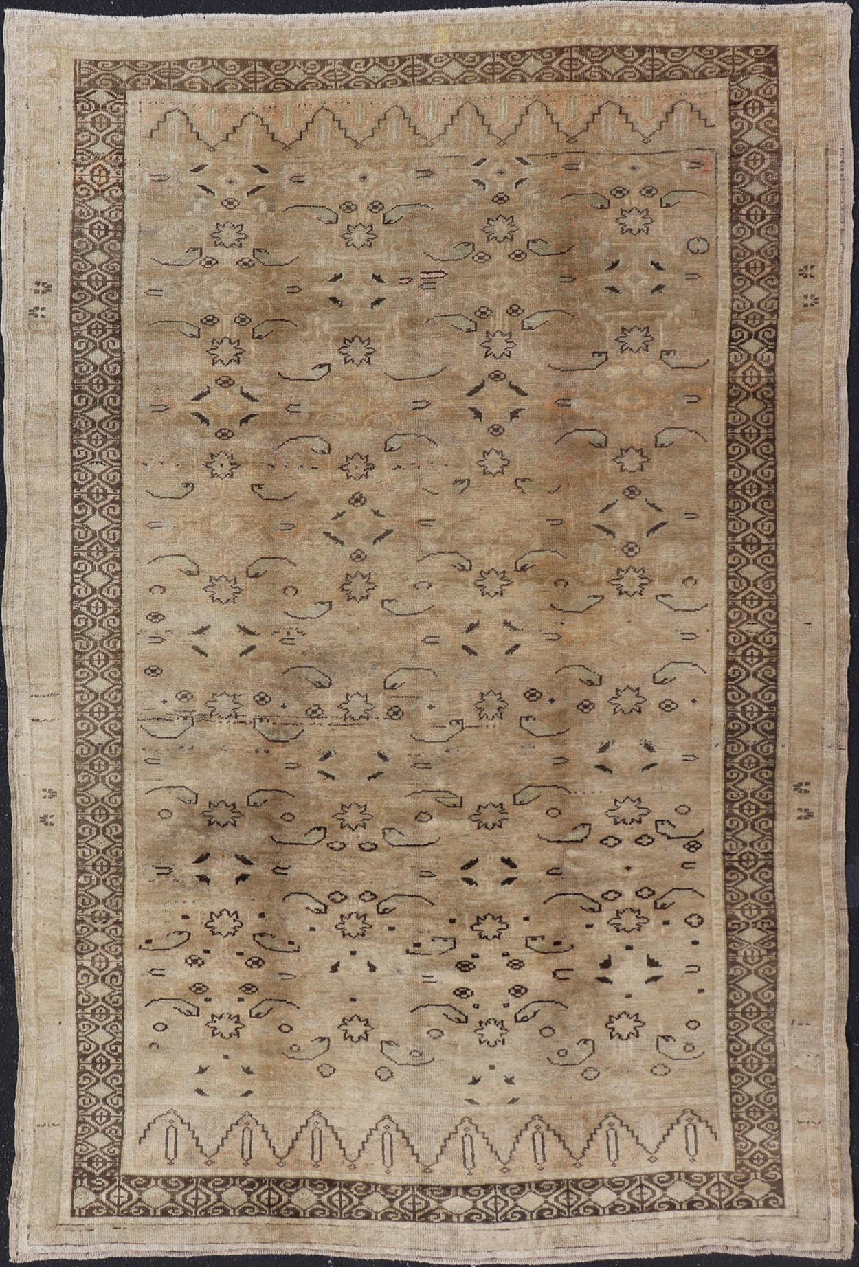 Unique Turkish Oushak With Overall Design in Cream, Gray and Brown Highlights Measures 5'10 x 9'5 This antique Oushak was hand - knotted in early 1900's Turkey. The copper - tan field displays a design not common for the era, an almost abstr... - Keivan Woven ArtsNA - 63794 - 942Rug