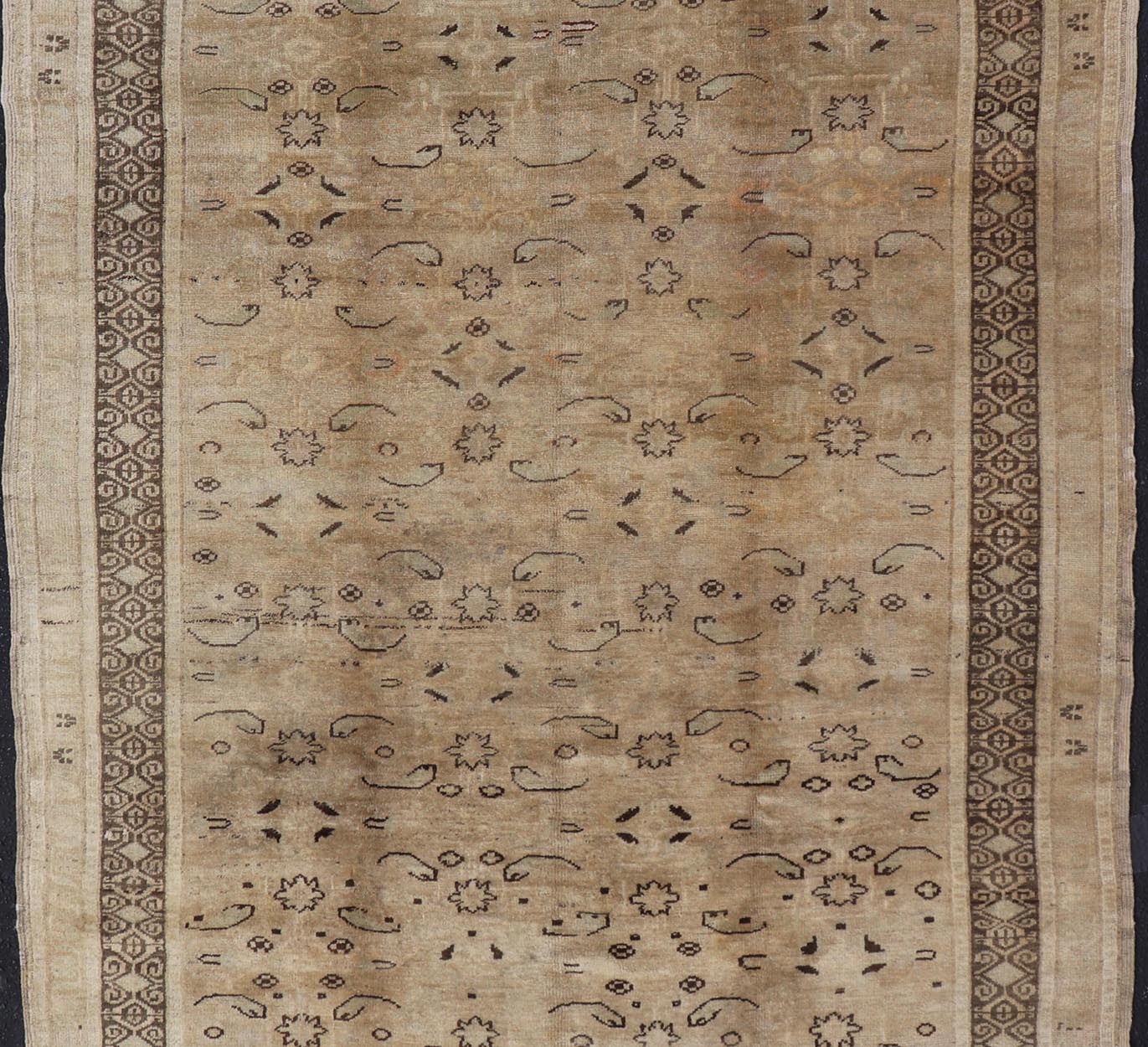 Unique Turkish Oushak With Overall Design in Cream, Gray and Brown Highlights Measures 5'10 x 9'5 This antique Oushak was hand - knotted in early 1900's Turkey. The copper - tan field displays a design not common for the era, an almost abstr... - Keivan Woven ArtsNA - 63794 - 942Rug