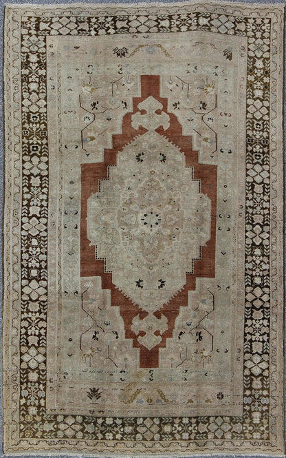 Vintage Turkish Oushak Rug with Geometric Central Medallion in Earth Tones Measures: 7' x 11'5 Country of Origin: Turkey; Type: Oushak; Design: Medallion, Tribal Medallion, Diamond Medallion; Keivan Woven Arts: rug NA - 63879;Vintage Tur... - Keivan Woven ArtsNA - 63879 - 1991Rug