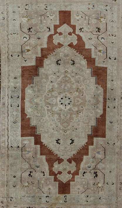 Vintage Turkish Oushak Rug with Geometric Central Medallion in Earth Tones Measures: 7' x 11'5 Country of Origin: Turkey; Type: Oushak; Design: Medallion, Tribal Medallion, Diamond Medallion; Keivan Woven Arts: rug NA - 63879;Vintage Tur... - Keivan Woven ArtsNA - 63879 - 1991Rug