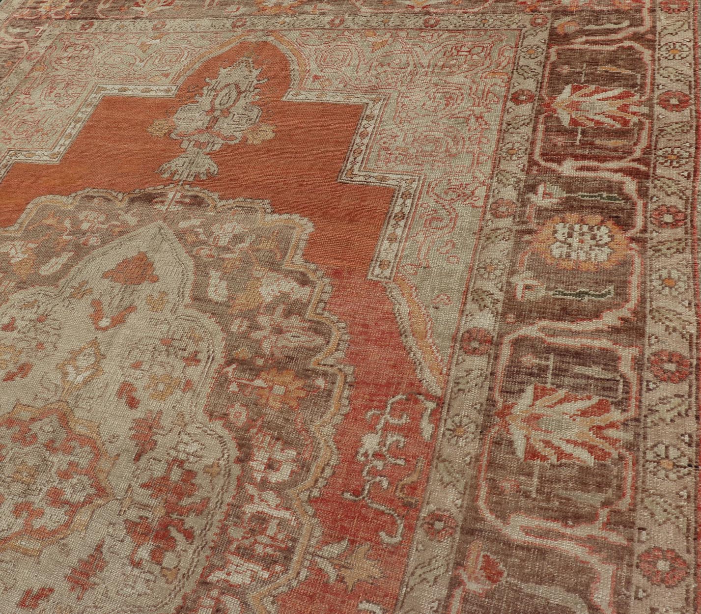 Antique Turkish Oushak Rug with Floral Medallion Burnt Orange and Cream. Keivan Woven Arts / rug NA - 639810, country of origin / type: Turkey / Oushak, circa 1910 Measures: 8'2 x 12'11. This antique Turkish Oushak carpet (circa 1910) features a fl... - Keivan Woven ArtsNA - 639810 - 723Rug
