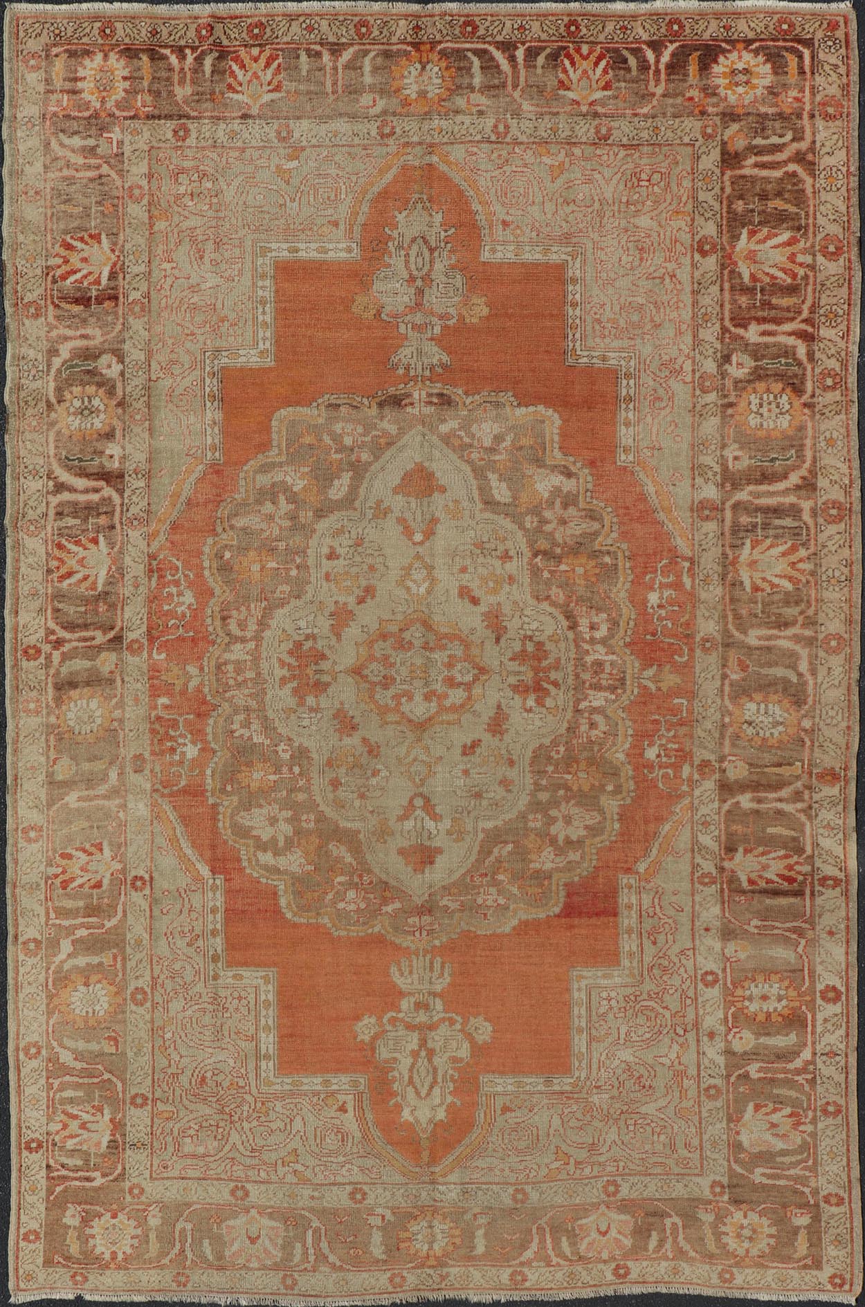 Antique Turkish Oushak Rug with Floral Medallion Burnt Orange and Cream. Keivan Woven Arts / rug NA - 639810, country of origin / type: Turkey / Oushak, circa 1910 Measures: 8'2 x 12'11. This antique Turkish Oushak carpet (circa 1910) features a fl... - Keivan Woven ArtsNA - 639810 - 723Rug