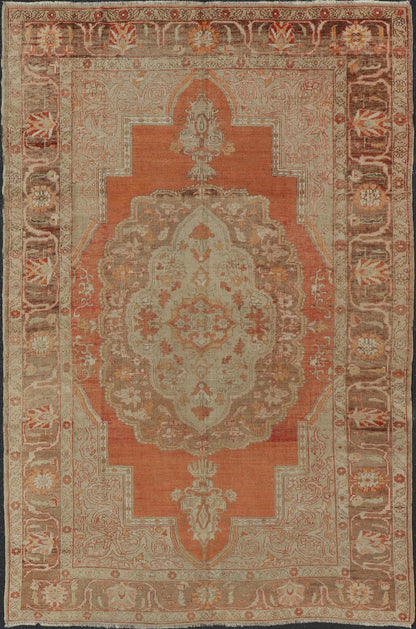 Antique Turkish Oushak Rug with Floral Medallion Burnt Orange and Cream. Keivan Woven Arts / rug NA - 639810, country of origin / type: Turkey / Oushak, circa 1910 Measures: 8'2 x 12'11. This antique Turkish Oushak carpet (circa 1910) features a fl... - Keivan Woven ArtsNA - 639810 - 723Rug