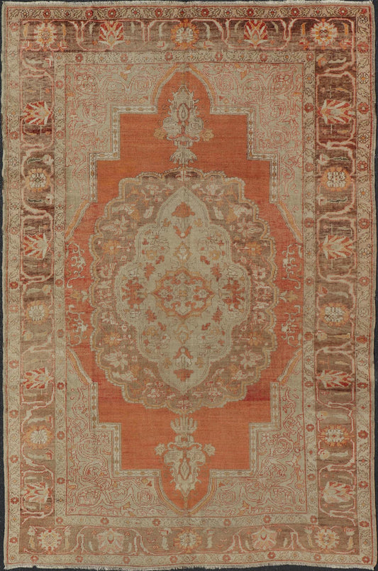 Antique Turkish Oushak Rug with Floral Medallion Burnt Orange and Cream. Keivan Woven Arts / rug NA - 639810, country of origin / type: Turkey / Oushak, circa 1910 Measures: 8'2 x 12'11. This antique Turkish Oushak carpet (circa 1910) features a fl... - Keivan Woven ArtsNA - 639810 - 723Rug