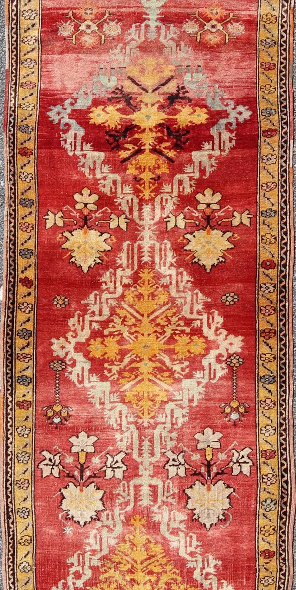 Antique Turkish Oushak Runner with Tribal Medallions in Red, Orange, and Yellow Measures: 3' x 10'3 Country of Origin: Turkey; Type: Oushak; Design: All - Over, Medallion, Sub - Tribal, Arabesque - Medallion; Keivan Woven Arts; rug NA - 7454... - Keivan Woven ArtsNA - 74546 - 1432Rug