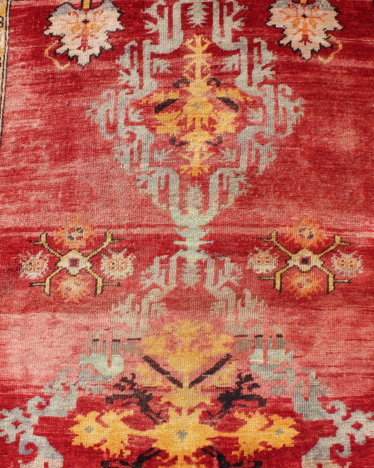 Antique Turkish Oushak Runner with Tribal Medallions in Red, Orange, and Yellow Measures: 3' x 10'3 Country of Origin: Turkey; Type: Oushak; Design: All - Over, Medallion, Sub - Tribal, Arabesque - Medallion; Keivan Woven Arts; rug NA - 7454... - Keivan Woven ArtsNA - 74546 - 1432Rug