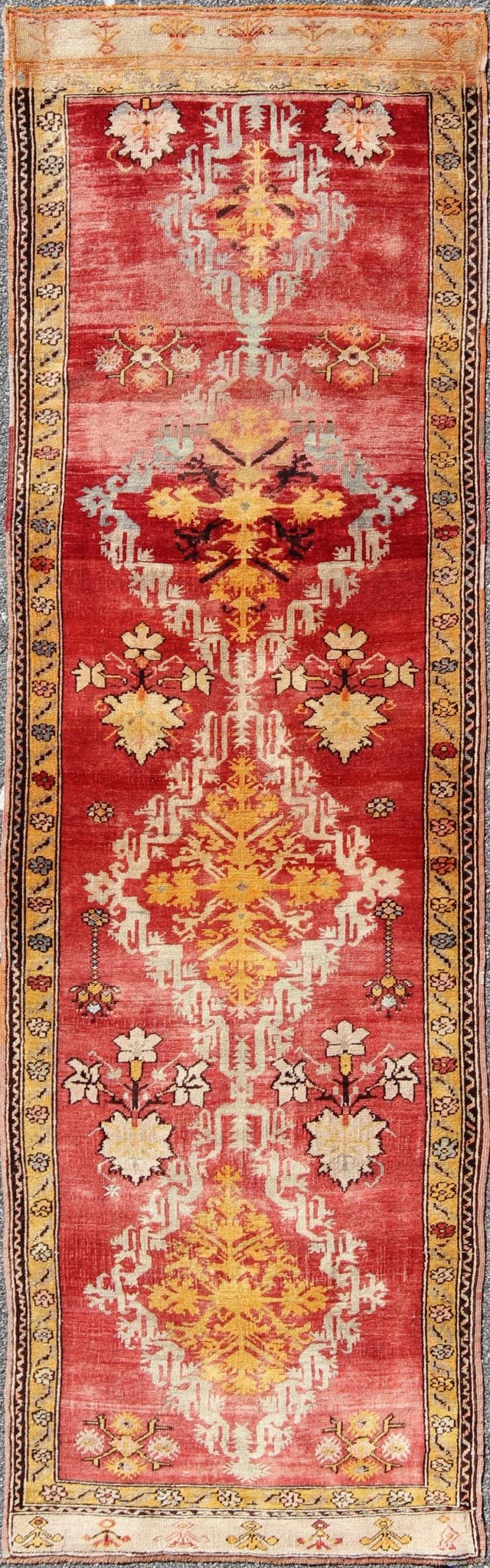 Antique Turkish Oushak Runner with Tribal Medallions in Red, Orange, and Yellow Measures: 3' x 10'3 Country of Origin: Turkey; Type: Oushak; Design: All - Over, Medallion, Sub - Tribal, Arabesque - Medallion; Keivan Woven Arts; rug NA - 7454... - Keivan Woven ArtsNA - 74546 - 1432Rug