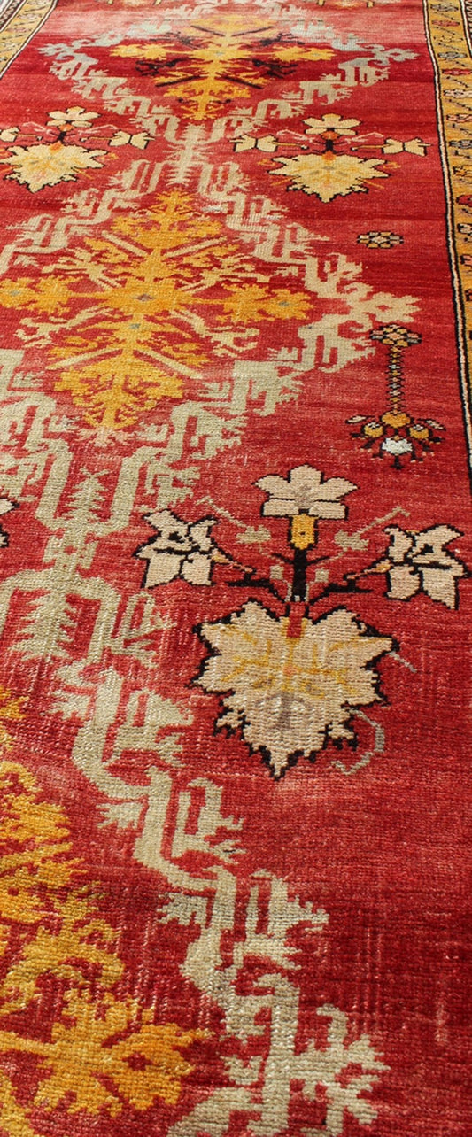 Antique Turkish Oushak Runner with Tribal Medallions in Red, Orange, and Yellow Measures: 3' x 10'3 Country of Origin: Turkey; Type: Oushak; Design: All - Over, Medallion, Sub - Tribal, Arabesque - Medallion; Keivan Woven Arts; rug NA - 7454... - Keivan Woven ArtsNA - 74546 - 1432Rug