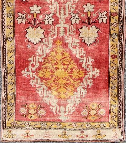 Antique Turkish Oushak Runner with Tribal Medallions in Red, Orange, and Yellow Measures: 3' x 10'3 Country of Origin: Turkey; Type: Oushak; Design: All - Over, Medallion, Sub - Tribal, Arabesque - Medallion; Keivan Woven Arts; rug NA - 7454... - Keivan Woven ArtsNA - 74546 - 1432Rug