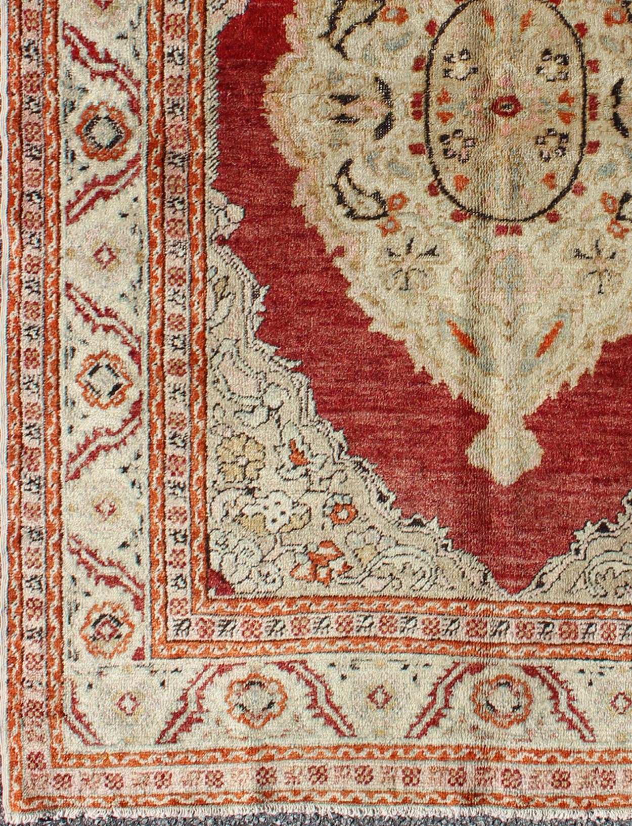 Antique Oushak Rug with Floral Medallion in Light Green, Ivory, Taupe & Red. Floral medallion Antique Oushak Rug with Botanical Motifs in Light Green, Ivory, orange, Taupe & Red and multi colors. Keivan Woven Arts/ rug/NA - 74560, origin/Turkey ... - Keivan Woven ArtsNA - 74560 - 1148Rug