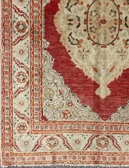 Antique Oushak Rug with Floral Medallion in Light Green, Ivory, Taupe & Red. Floral medallion Antique Oushak Rug with Botanical Motifs in Light Green, Ivory, orange, Taupe & Red and multi colors. Keivan Woven Arts/ rug/NA - 74560, origin/Turkey ... - Keivan Woven ArtsNA - 74560 - 1148Rug