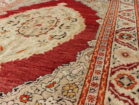 Antique Oushak Rug with Floral Medallion in Light Green, Ivory, Taupe & Red. Floral medallion Antique Oushak Rug with Botanical Motifs in Light Green, Ivory, orange, Taupe & Red and multi colors. Keivan Woven Arts/ rug/NA - 74560, origin/Turkey ... - Keivan Woven ArtsNA - 74560 - 1148Rug