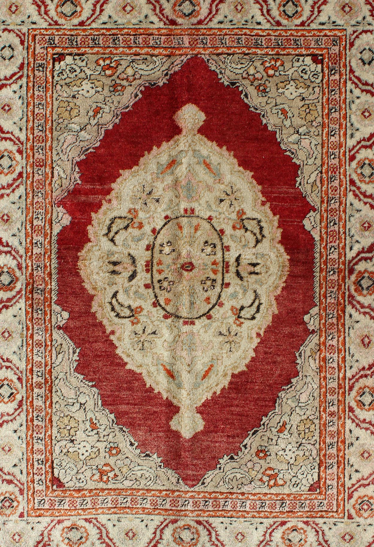 Antique Oushak Rug with Floral Medallion in Light Green, Ivory, Taupe & Red. Floral medallion Antique Oushak Rug with Botanical Motifs in Light Green, Ivory, orange, Taupe & Red and multi colors. Keivan Woven Arts/ rug/NA - 74560, origin/Turkey ... - Keivan Woven ArtsNA - 74560 - 1148Rug