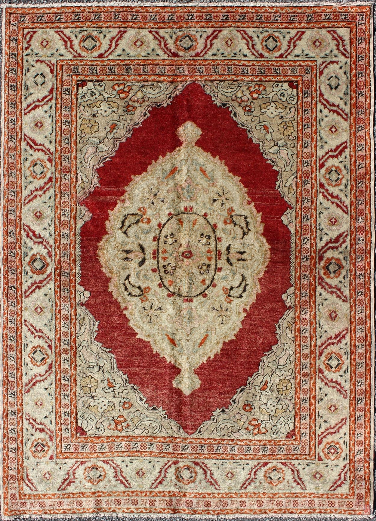 Antique Oushak Rug with Floral Medallion in Light Green, Ivory, Taupe & Red. Floral medallion Antique Oushak Rug with Botanical Motifs in Light Green, Ivory, orange, Taupe & Red and multi colors. Keivan Woven Arts/ rug/NA - 74560, origin/Turkey ... - Keivan Woven ArtsNA - 74560 - 1148Rug