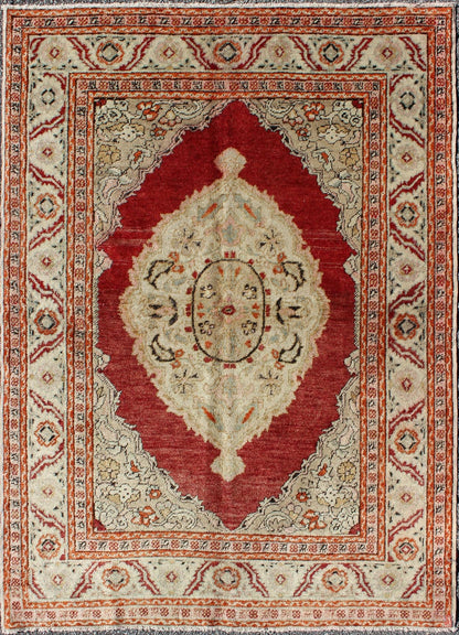Antique Oushak Rug with Floral Medallion in Light Green, Ivory, Taupe & Red. Floral medallion Antique Oushak Rug with Botanical Motifs in Light Green, Ivory, orange, Taupe & Red and multi colors. Keivan Woven Arts/ rug/NA - 74560, origin/Turkey ... - Keivan Woven ArtsNA - 74560 - 1148Rug